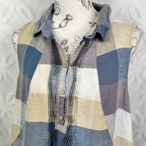 Yuvita Chambray Sleeveless Pintuck Plaid Linen Dress Lagenlook Blue Size S $148 - Picture 7 of 11